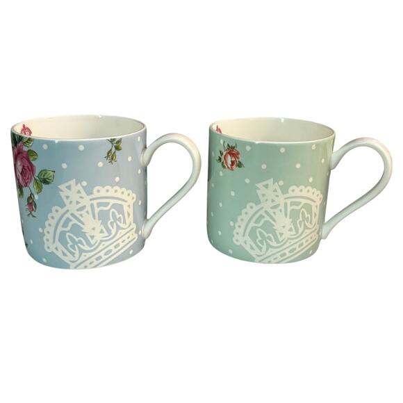 Royal Albert Polka Blue Rose Pair Coffee Mugs Crown Motif Polka Dot England - Picture 1 of 6